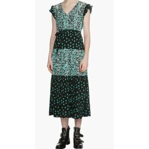 Maje Renoli Mixed Teal Floral Print Midi Dress Large Summer Vacation Wedding